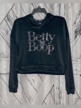 Betty Boop Black Velour Cropped Hoodie w/Rhinestones M